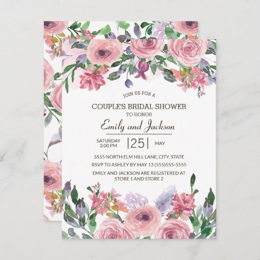 ピンクラベンダー春フローラカップルのブライダルシャワー 招待状 (正面/裏面)