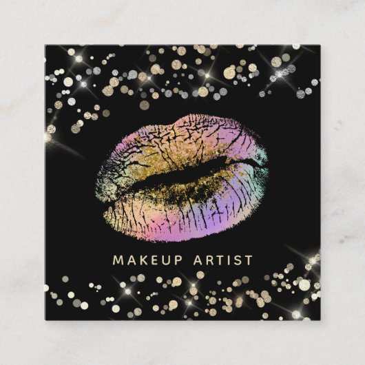*~*ピンクラベンダー金ゴールドグリッターパステルリップメイクアップ スクエア名刺 (正面)