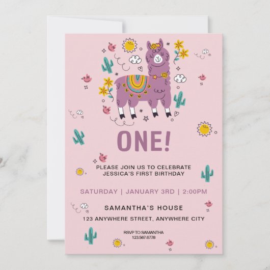 ピンクラマおもしろいガールファースト誕生日パーティー 招待状 (正面)