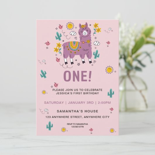 ピンクラマおもしろいガールファースト誕生日パーティー 招待状 (スタンド正面)