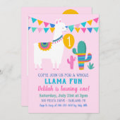 ピンクラマおもしろい誕生日会ガールフォト 招待状 (正面/裏面)