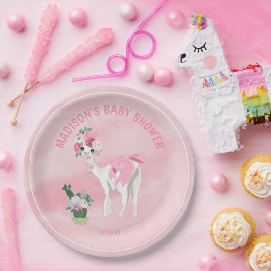 ピンクラマアルパカガールズベビーシャワー ペーパープレート (パーティー)