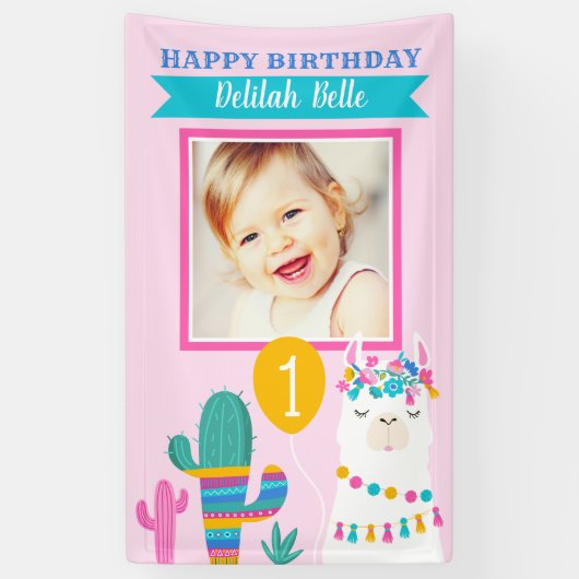 ピンクラマハッピーバースデーガールフォトパーティー 横断幕 (縦)