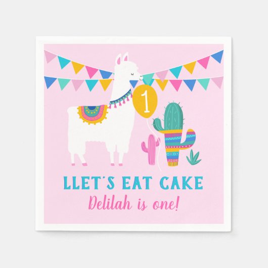 ピンクラマレッズケーキ食べ誕生日女の子パーティー スタンダードカクテルナプキン (正面)