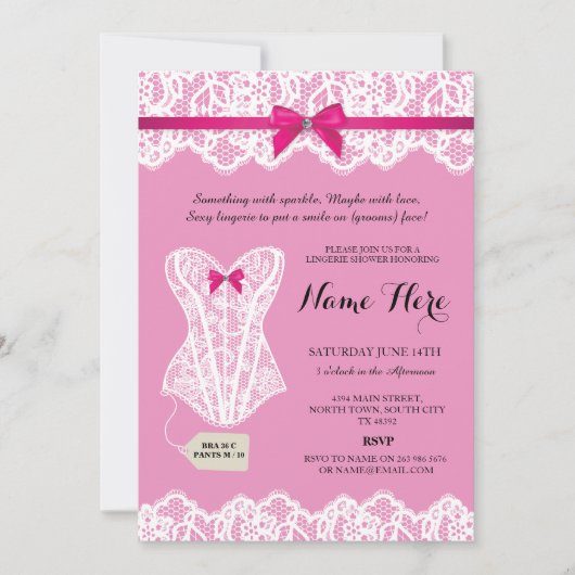 ピンクランジェリーシャワーブライダルパーティコルセット招待状 招待状 (正面)