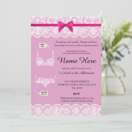 ピンクランジェリーシャワーブライダルパーティレースボウ招待状 招待状 (スタンド正面)
