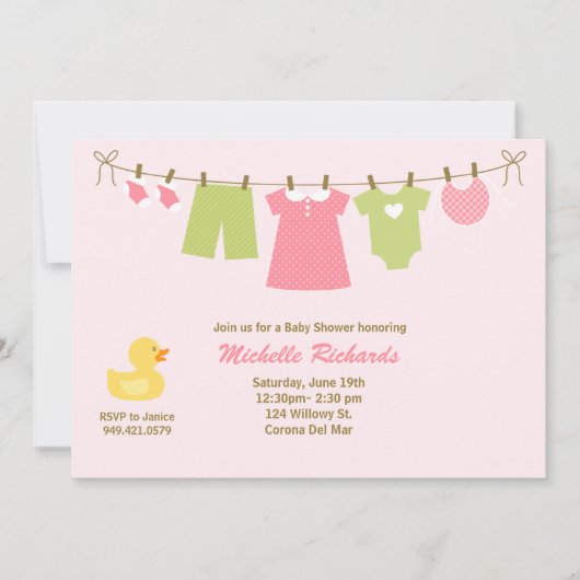 ピンクランドリーベビーシャワー招待状 招待状 (正面)