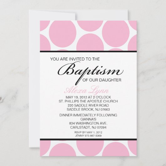 ピンクラージ水玉模様ガールズバプテスマ招待状 招待状 (正面)