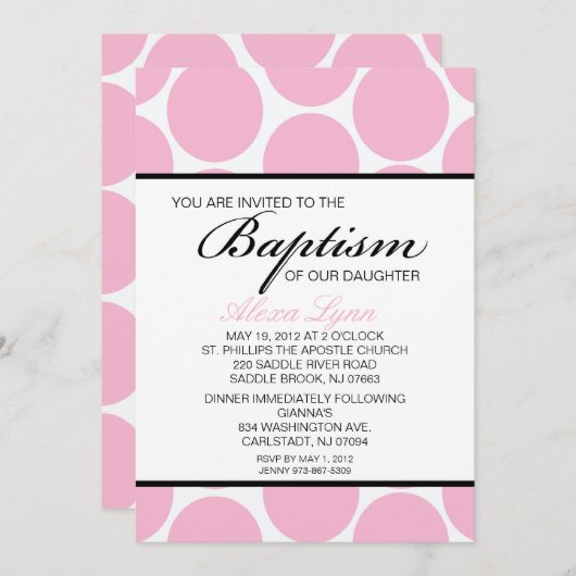 ピンクラージ水玉模様ガールズバプテスマ招待状 招待状 (正面/裏面)
