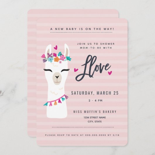ピンクラーマ赤ちゃんシャワー招待状//ララーマ愛 招待状 (正面/裏面)