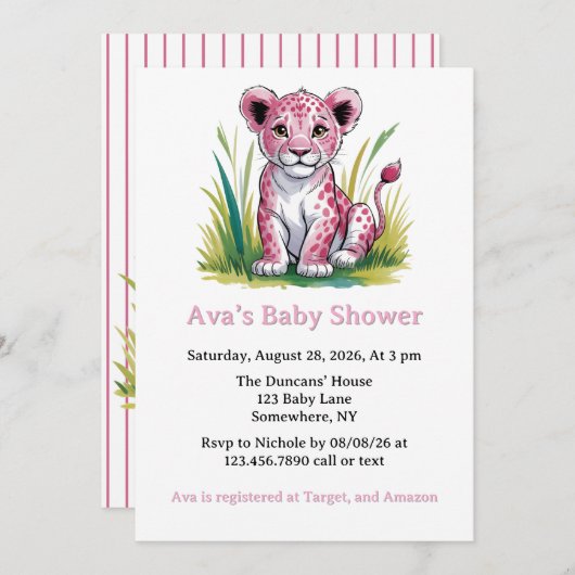 ピンクリオンガール赤ちゃんシャワー 招待状 (正面/裏面)