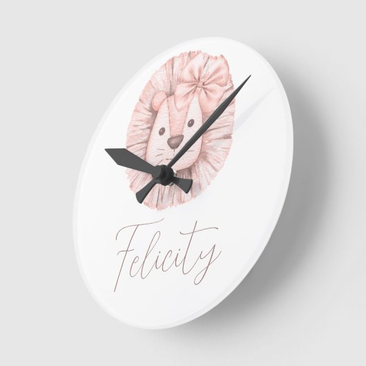 ピンクリオンボホウォーターカラー子供部屋 ラウンド壁時計 (傾斜)