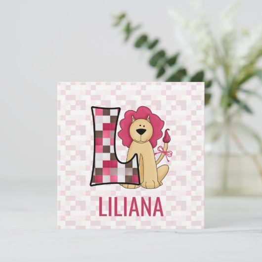 ピンクリオンレターL子供の誕生日パーティー 招待状 (スタンド正面)