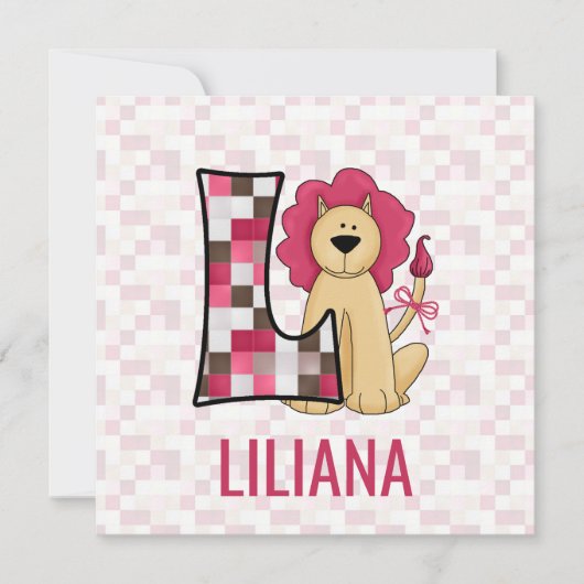 ピンクリオンレターL子供の誕生日パーティー 招待状 (正面)