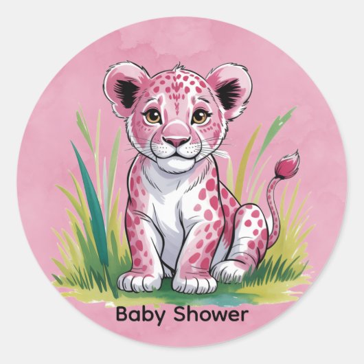 ピンクリオン水彩少女の赤ちゃんシャワー ラウンドシール (正面)