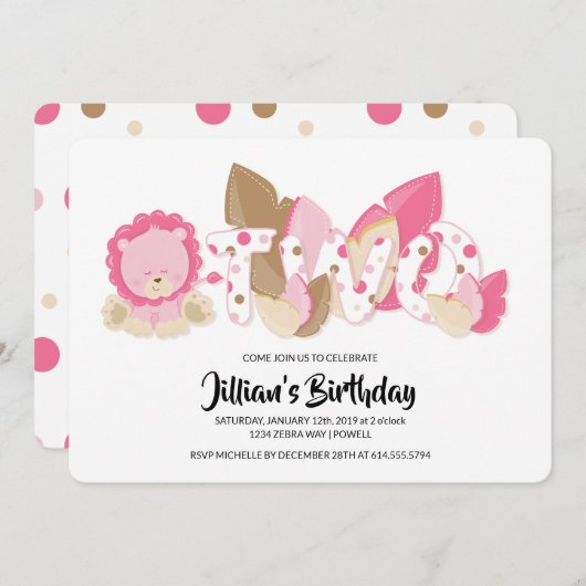 ピンクリオン第2バースデーパーティーへの招待 招待状 (正面/裏面)