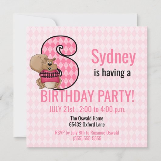 ピンクリス文字S子供の誕生日パーティー 招待状 (裏面)