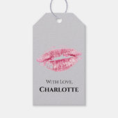 ピンクリップキス及び銀グリッターギフトラベル ギフトタグ (正面)
