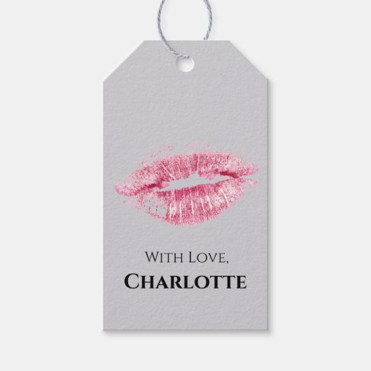 ピンクリップキス及び銀グリッターギフトラベル ギフトタグ (正面)