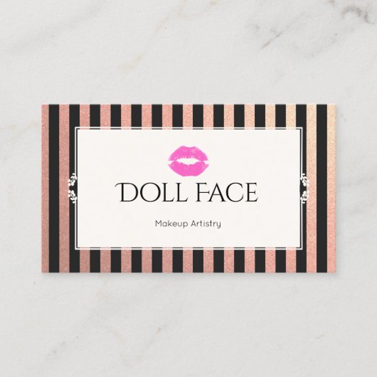 ピンクリップバラ金ゴールド&ブラックグリッターストライプメイクアップ 名刺 (正面)