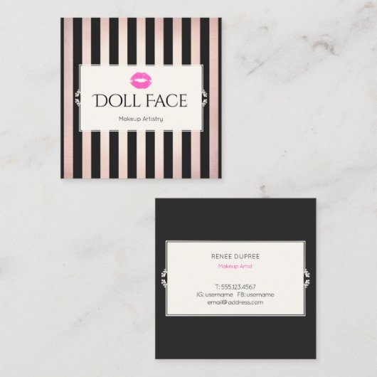 ピンクリップバラ金ゴールド&ブラックストライプのメイクアップアーティスト スクエア名刺 (正面/裏面)