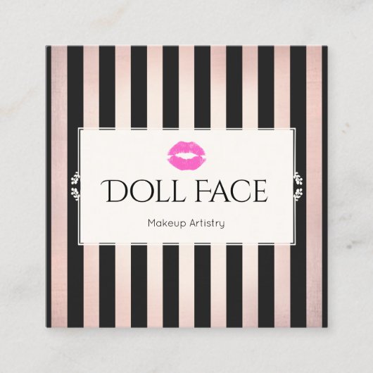 ピンクリップバラ金ゴールド&ブラックストライプのメイクアップアーティスト スクエア名刺 (正面)