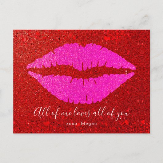 ピンクリップレッドグリッターバレンタインデーすべての私はあなたを愛 シーズンポストカード (正面)