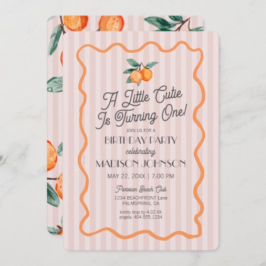 ピンクリトルかわいこちゃんパステルシトラステーマ誕生日 招待状 (正面/裏面)