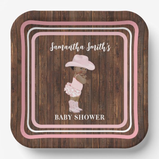 ピンクリトルオウム女性のカーボーイウェスタンベビーシャワー ペーパープレート (正面)