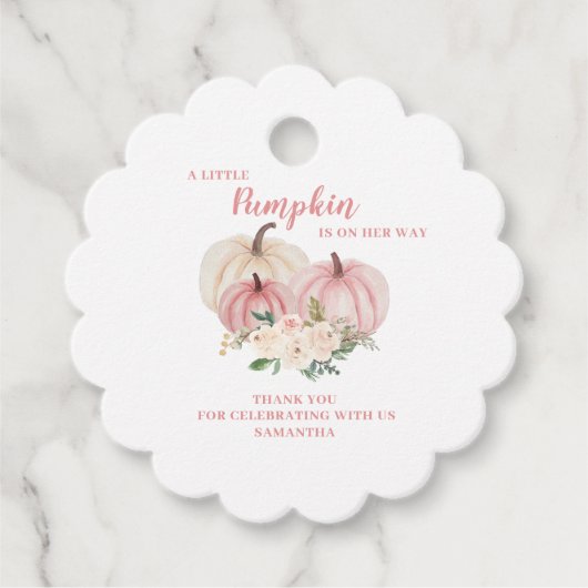 ピンクリトルカボチャ女の子ベビーシャワーメッセージカード フェイバータグ (正面)