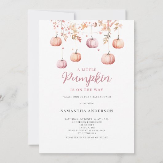 ピンクリトルカボチャ女の子秋の赤ちゃんシャワー 招待状 (正面)