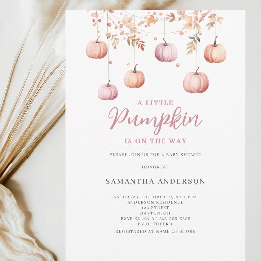 ピンクリトルカボチャ女の子秋の赤ちゃんシャワー 招待状