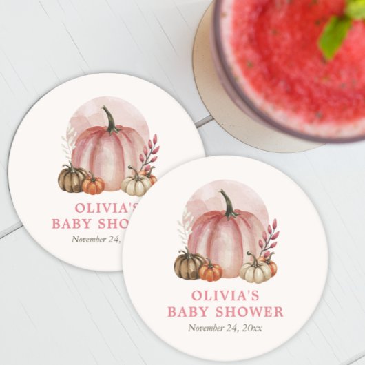 ピンクリトルカボチャ秋かわいい女の子ベビーシャワー ラウンドペーパーコースター