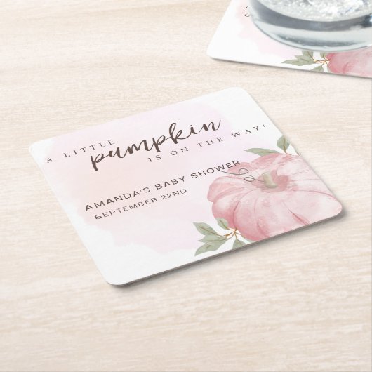 ピンクリトルカボチャ秋秋ベビーシャワー スクエアペーパーコースター (アングル)