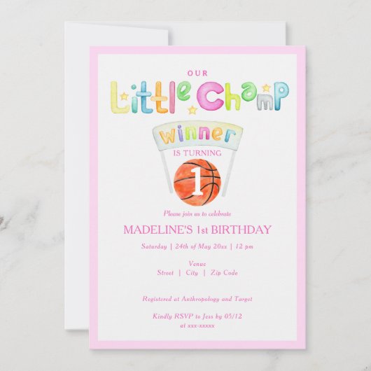 ピンクリトルチャンプバスケットボールナイズエイジガール誕生日 招待状 (正面)