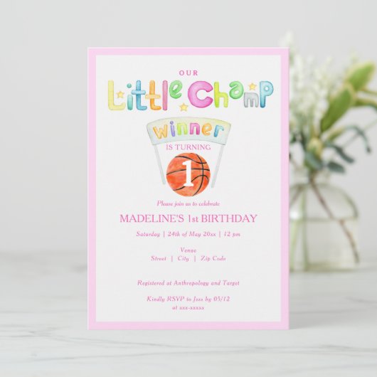 ピンクリトルチャンプバスケットボールナイズエイジガール誕生日 招待状 (スタンド正面)