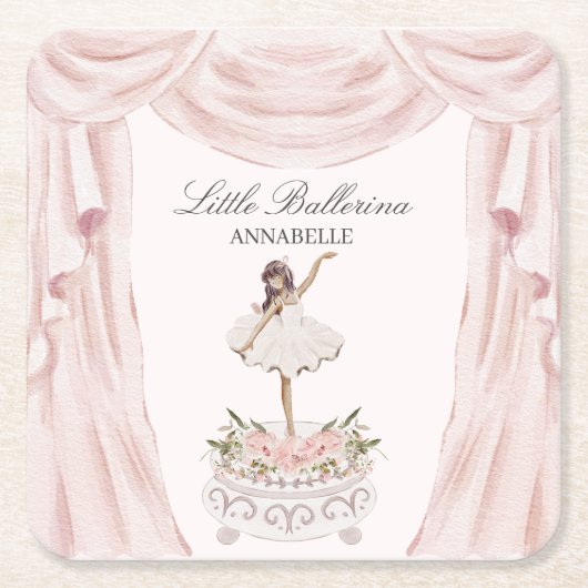 ピンクリトルバレリーナベビーシャワーまたは誕生日 スクエアペーパーコースター (正面)