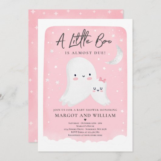 ピンクリトルブシャワーハロウィーン幽霊ベビーシャワー 招待状 (正面/裏面)
