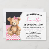 ピンクリトルベア誕生日ピンクシェブロンテディベア 招待状 (正面)