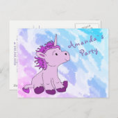 ピンクリトルユニコーンバースデーパーティー招待状 インビテーションポストカード (正面/裏面)