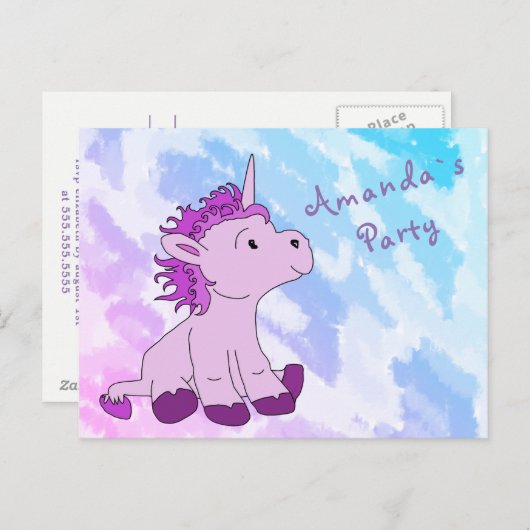 ピンクリトルユニコーンバースデーパーティー招待状 インビテーションポストカード (正面/裏面)