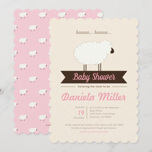 ピンクリトルラムベイビーガールシャワー 招待状 (正面/裏面)