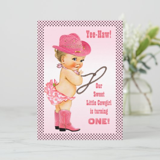 ピンクリトル女性のカーボーイ水玉模様1st Birthday 招待状 (スタンド正面)