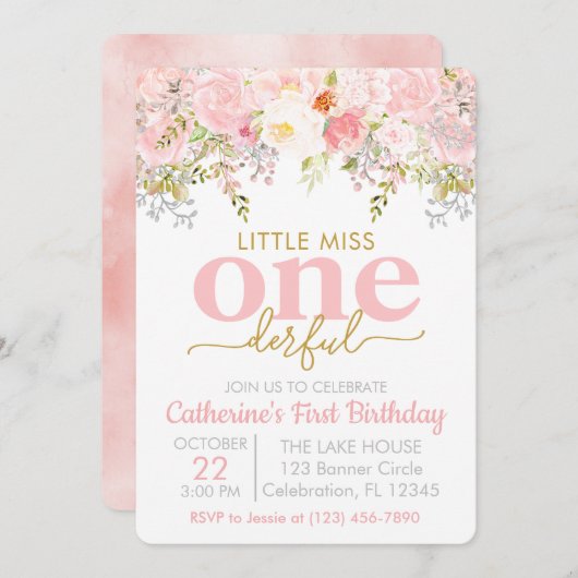 ピンクリトル恋しく思アンダーフルガールファースト誕生日 招待状 (正面/裏面)