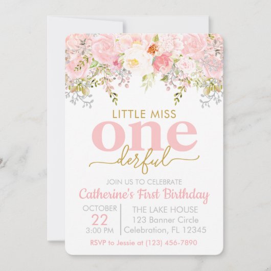 ピンクリトル恋しく思アンダーフルガールファースト誕生日 招待状 (正面)