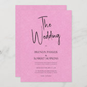 ピンクリネンシンプルブラックスクリプトウェディング招待 招待状 (正面/裏面)