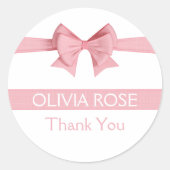 ピンクリネンリボン弓ベビーシャワーありがとう ラウンドシール (正面)