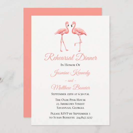 ピンクリハーサルディナーフラミンゴ結婚のルアウ(ハワイ式宴会)ビーチ 招待状 (正面/裏面)
