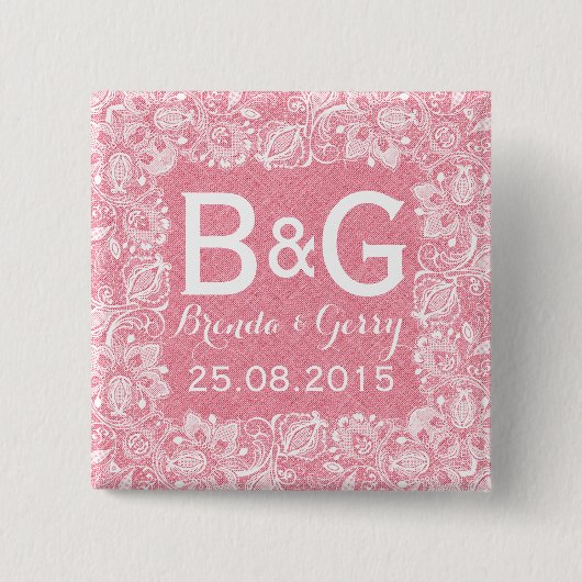 ピンクリフェイクネン&ホワイトフローラレースフレーム2 缶バッジ (正面)