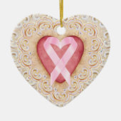 ピンクリボンがんリボン#2からのハート- SRF セラミックオーナメント (正面)